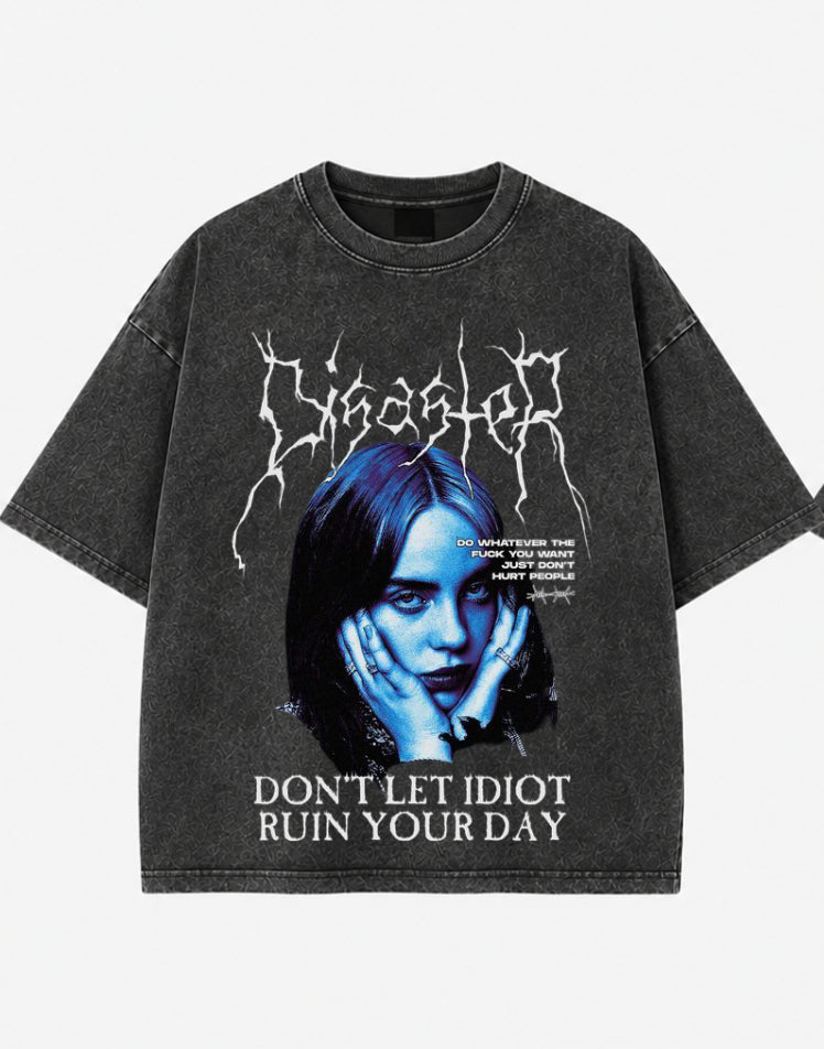 Ghosted Acid Wash Oversized T-Shirt – Blue Gothic Streetwear Graphic Tee