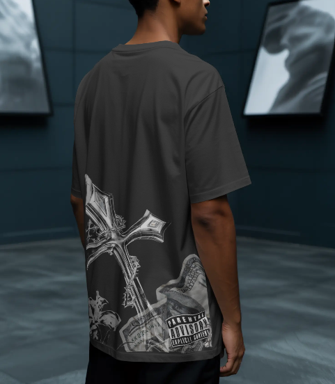 Dark Cross Oversized Back Print T-Shirt | Gothic Streetwear Tee for Men