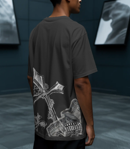 Dark Cross Oversized Back Print T-Shirt | Gothic Streetwear Tee for Men