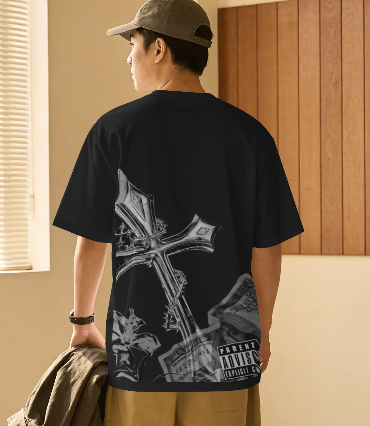 Dark Cross Oversized Back Print T-Shirt | Gothic Streetwear Tee for Men