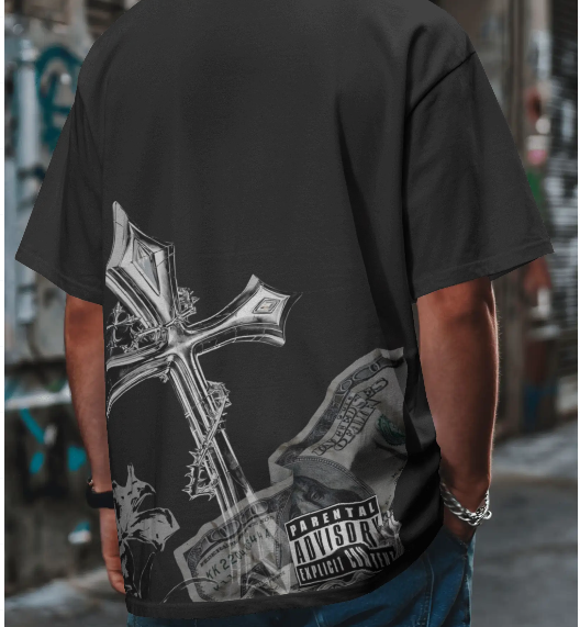 Dark Cross Oversized Back Print T-Shirt | Gothic Streetwear Tee for Men