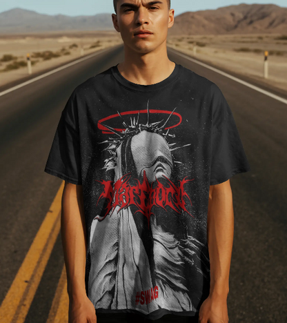 Shadow Saint Oversized Black Graphic T-Shirt | Gothic Streetwear Tee for Men