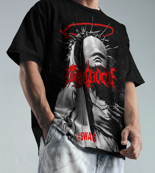 Shadow Saint Oversized Black Graphic T-Shirt | Gothic Streetwear Tee for Men