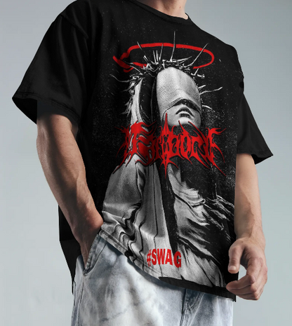 Shadow Saint Oversized Black Graphic T-Shirt | Gothic Streetwear Tee for Men