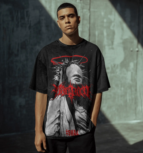 Shadow Saint Oversized Black Graphic T-Shirt | Gothic Streetwear Tee for Men