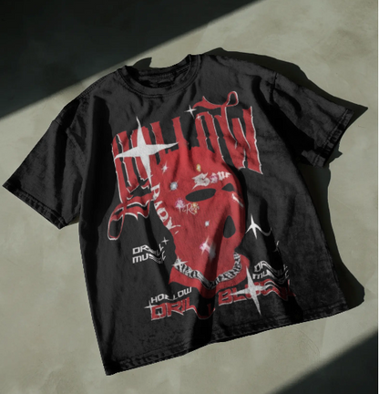 Men’s Oversized Black Graphic Streetwear T-Shirt – Distressed Red Skull Print Urban Tee