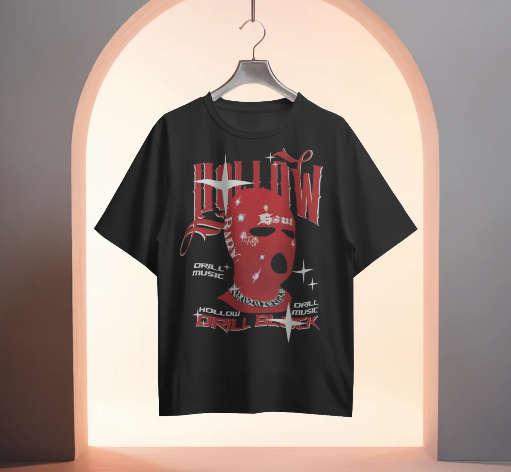 Men’s Oversized Black Graphic Streetwear T-Shirt – Distressed Red Skull Print Urban Tee
