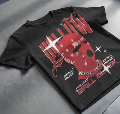 Men’s Oversized Black Graphic Streetwear T-Shirt – Distressed Red Skull Print Urban Tee