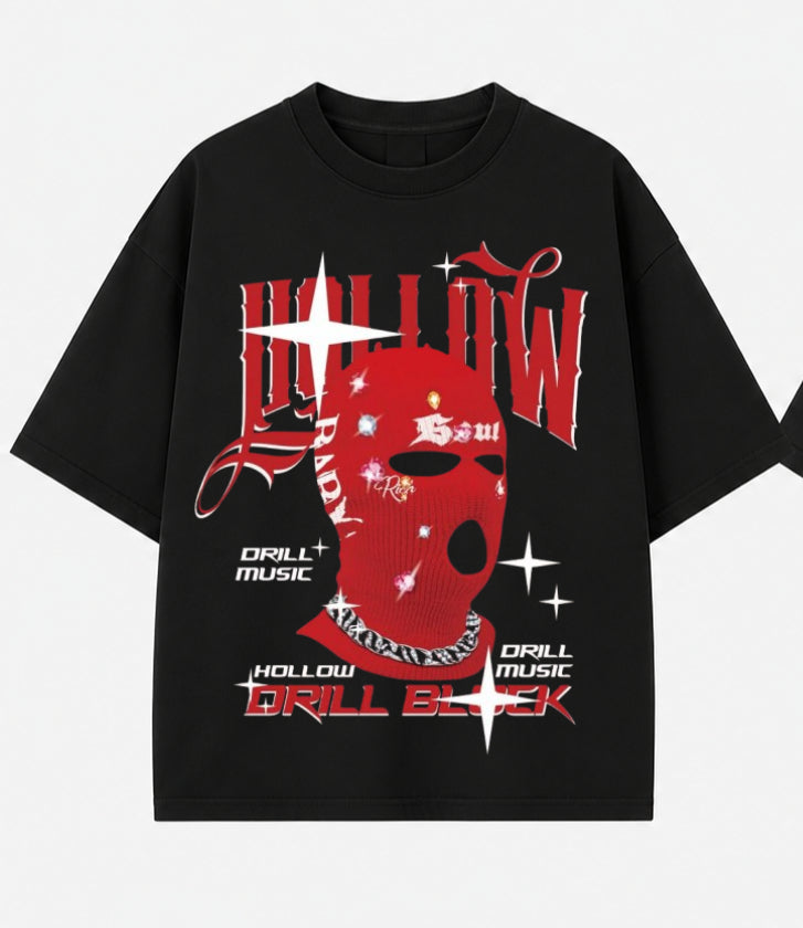 Men’s Oversized Black Graphic Streetwear T-Shirt – Distressed Red Skull Print Urban Tee