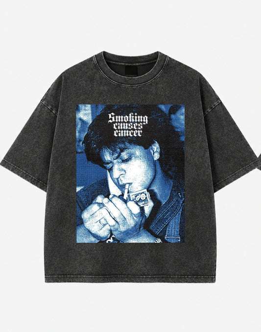 Shah Rukh Khan Vintage Blue Portrait Acid Wash Oversized T-Shirt