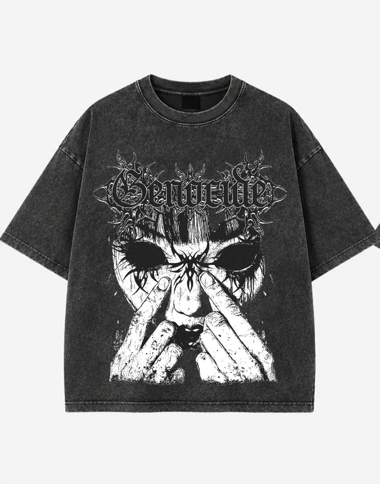 Genewide Dark Mask Acid Wash Oversized T-Shirt – Gothic Graphic Streetwear Tee