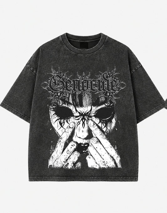 Genewide Dark Mask Acid Wash Oversized T-Shirt – Gothic Graphic Streetwear Tee