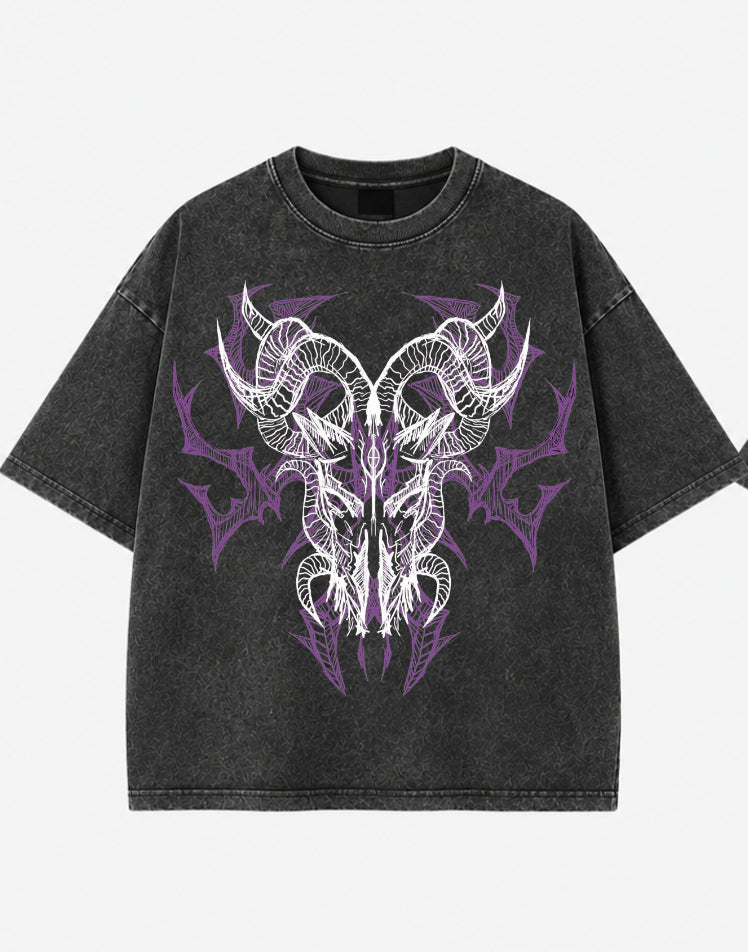 Demonic Ram Skull Acid Wash Oversized T-Shirt – Gothic Tribal Streetwear Tee