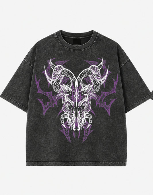 Demonic Ram Skull Acid Wash Oversized T-Shirt – Gothic Tribal Streetwear Tee