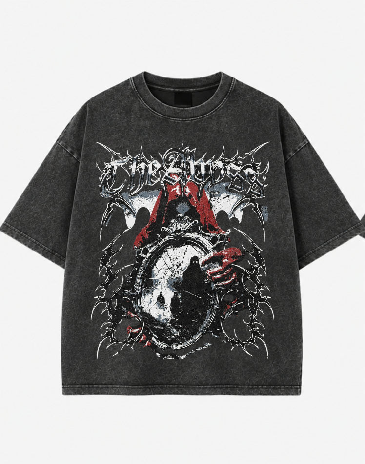 The Abyss Mirror Acid Wash Oversized T-Shirt – Gothic Horror Streetwear Tee